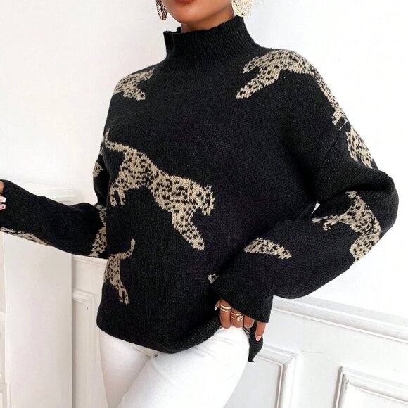 Black Casual Women's Leopard Pattern High Neck Drop Shoulder Sweater - Picture 3 of 6